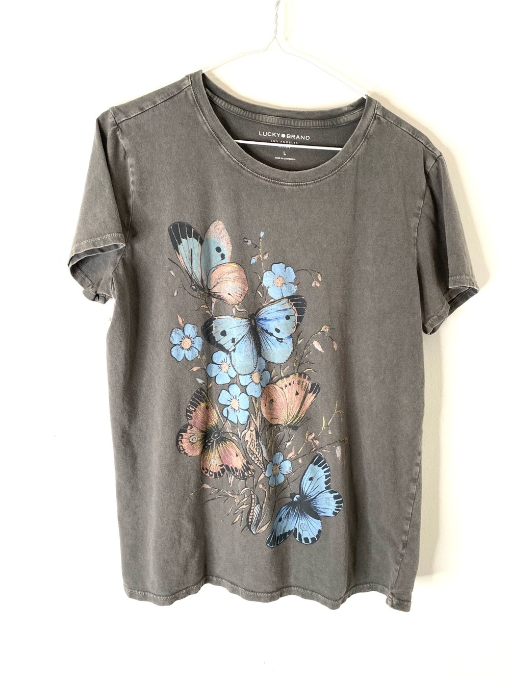 Lucky Brand Washed Black Butterfly Floral Graphic Tee Vintage Style T Shirt